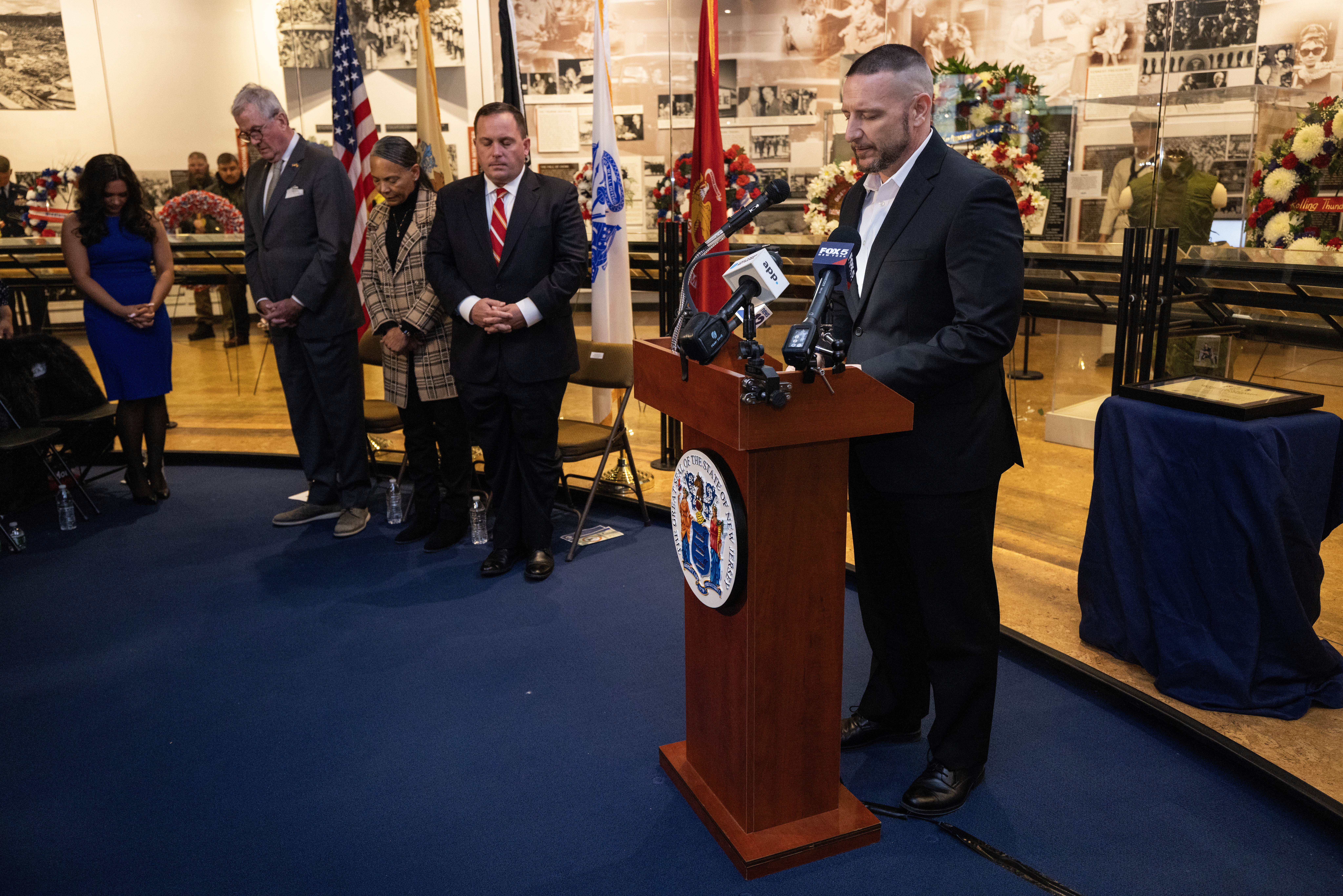 Marc Crabtree, chaplain, Rolling Thunder, gives the invocation during the State Veterans Day ceremony at the New Jersey Vietnam Veterans’ Memorial, Vietnam Era Museum and Educational Center at Holmdel, New Jersey, Nov. 11, 2025. Veterans Day celebrates and honors America’s veterans for their patriotism, love of country, and willingness to serve and sacrifice for the common good. (New Jersey Department of Military and Veterans Affairs photo by Mark C. Olsen)